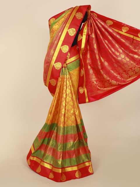 Pothys Mustard & Red Pure Silk Woven Design Kanjeevaram Saree