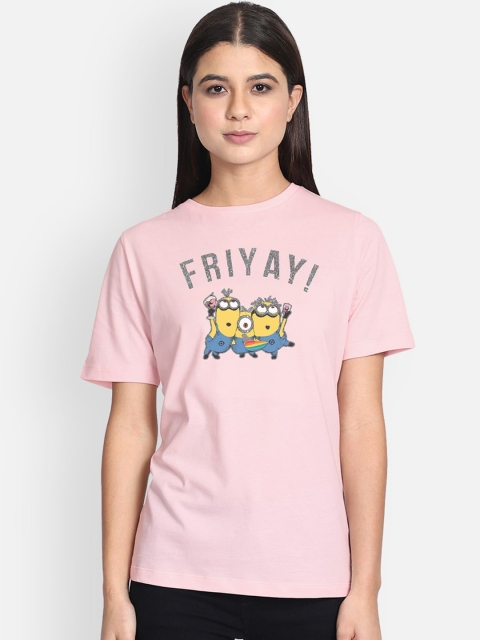 Free Authority Women Pink Yellow Minions Printed Round Neck Pure Cotton T-shirt