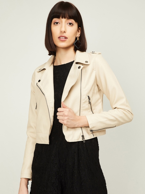 Ginger by Lifestyle Women Beige Solid Biker Jacket