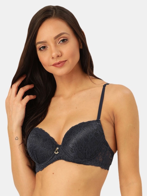 MAKCLAN Women Black Self Design Underwired Lightly Padded Plunge Bra K16037BE