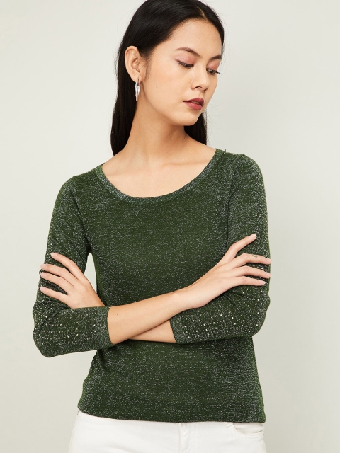 CODE by Lifestyle Women Olive Green Embellished Pullover Sweater