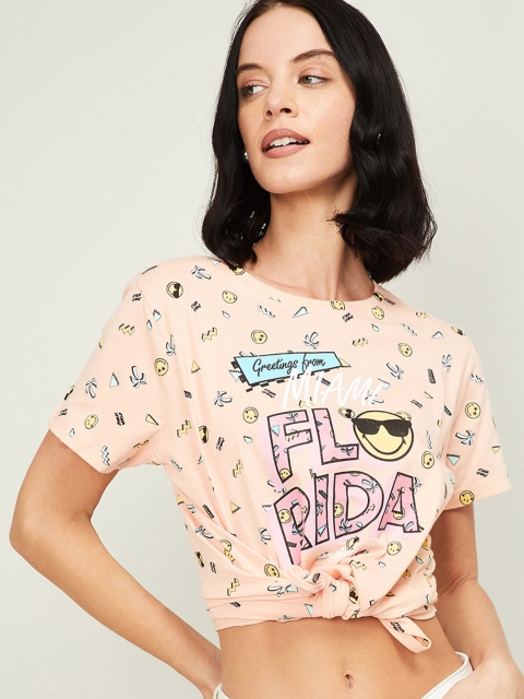 Smiley World Women Peach-Coloured Printed Round Neck T-shirt