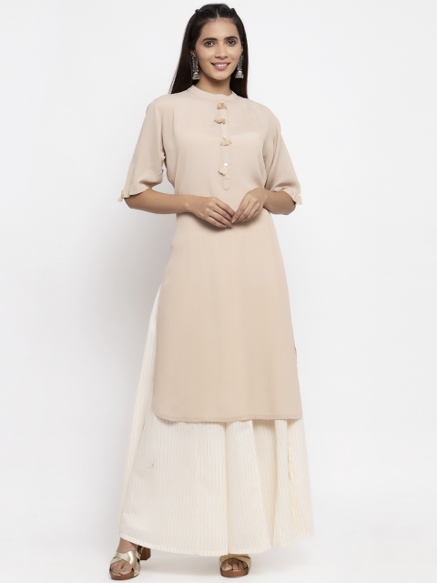 Kiaasa Women Beige Solid Kurta with Skirt
