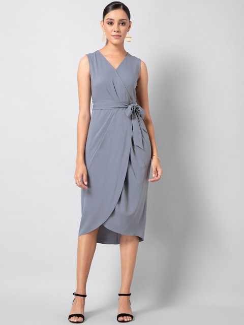 FabAlley Women Grey Solid Wrap Dress