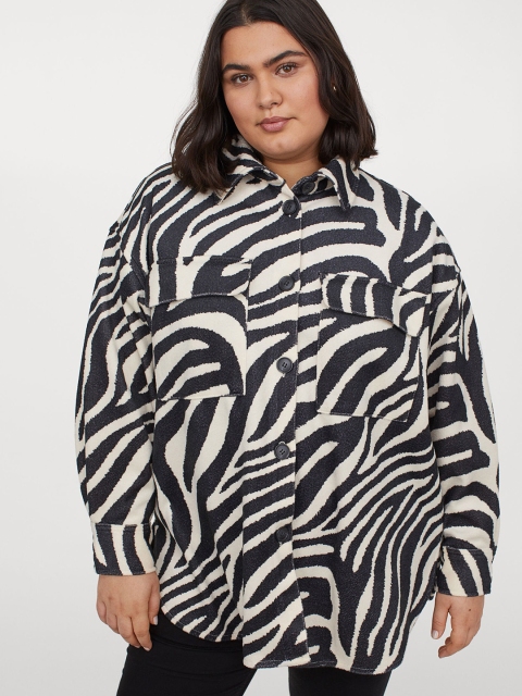 H&M+ Women Black & Beige Printed Felted Shirt Jacket