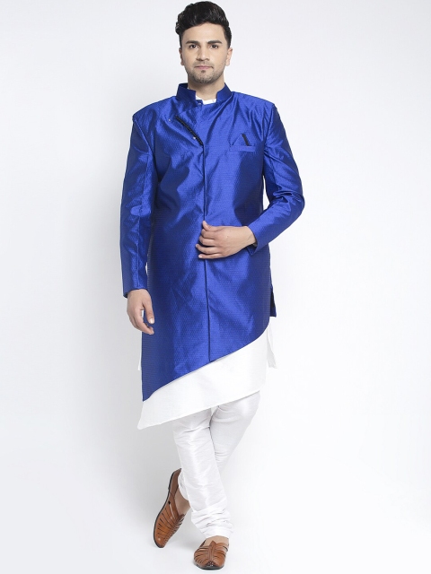 Benstoke Men Blue & White Self Design Sherwani Set