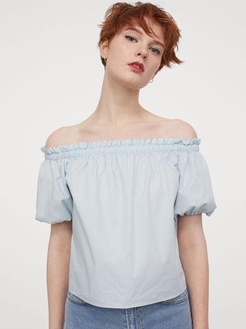 H&M Women Blue Solid Off-the-shoulder top