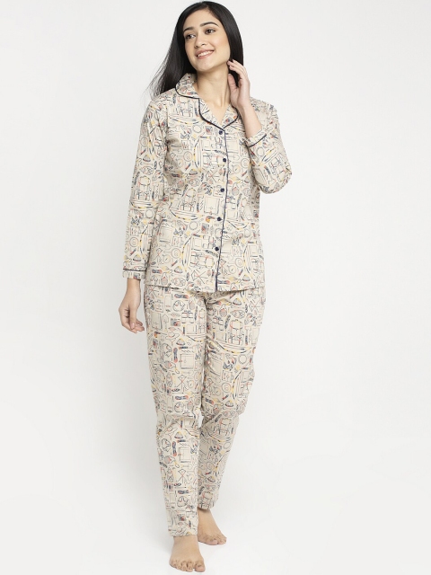 MAXENCE Women Beige & Grey Printed Night Suit