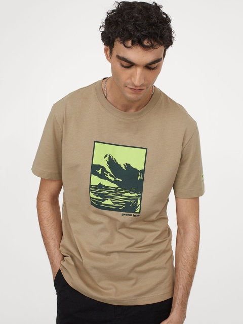 H&M Men Beige Cotton T-shirt