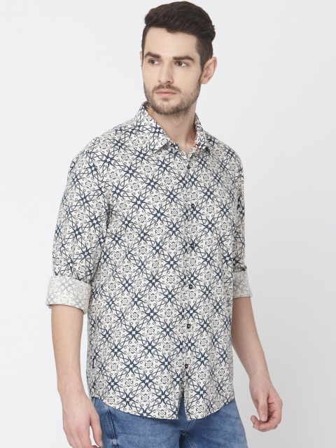 Mufti Men Off-White & Navy Blue Slim Fit Printed Casual Shirt