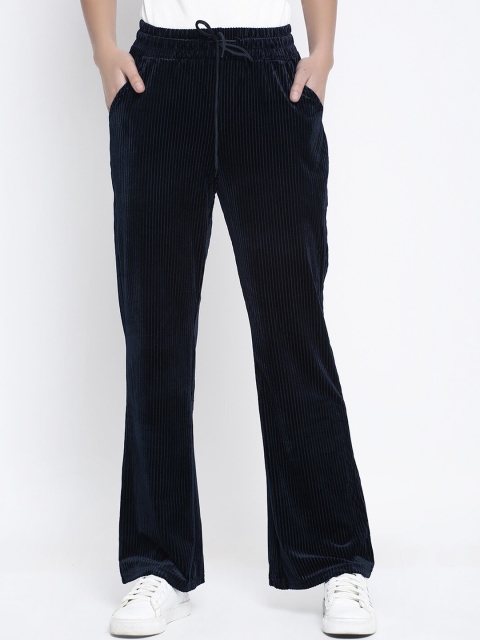 Global Republic Women Navy Blue Slim Fit Solid Chambray Bootcut Trousers
