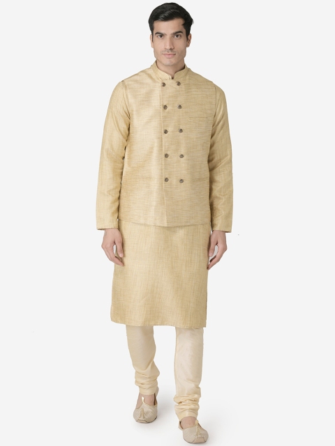 TABARD Men Cream-Coloured Solid Kurta with Churidar & Nehru Jacket