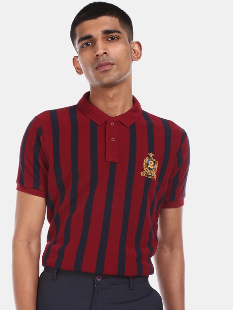 U.S. Polo Assn. Men Maroon & Navy Blue Striped Polo Collar T-shirt