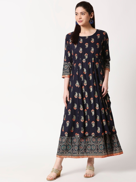 ZRI Women Navy Blue & Multicoloured Printed Anarkali Kurta