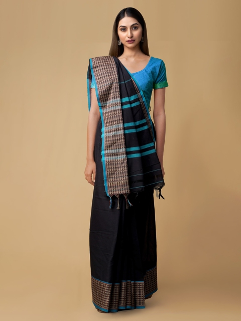 Unnati Silks Black Pure Cotton Striped Handloom Narayan Peth Saree