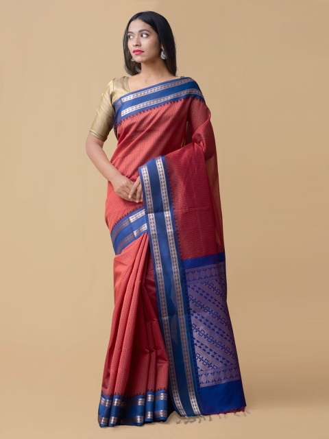 Unnati Silks Red Silk Cotton Solid Handloom Uppada Saree