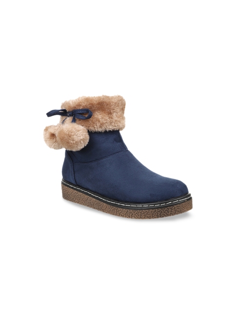 Flat n Heels Women Blue Solid Suede Mid-Top Flat Boots