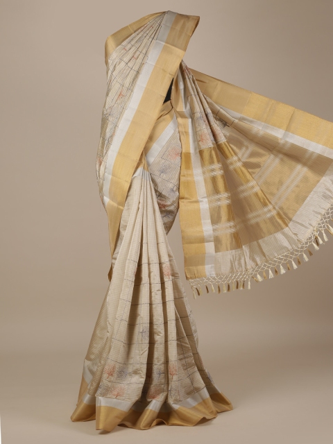 Pothys Beige Checked Jute Silk Saree