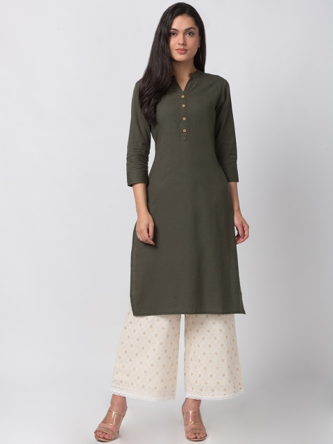 Ethnicity Women Olive Green Solid Straight Kurta