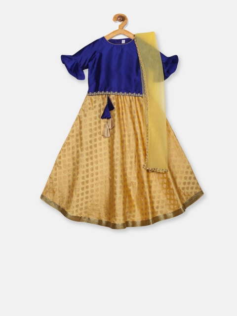 Meringue Girls Navy Blue & Gold-Coloured Woven Design Ready To Wear Lehenga Choli With Dupatta