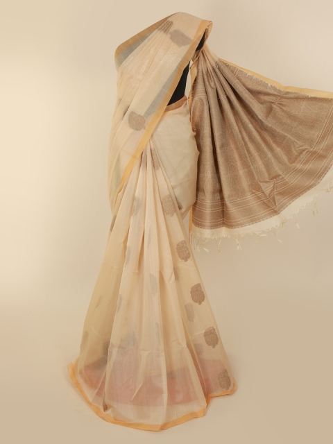 Pothys Cream-Coloured Embroidered Silk Cotton Saree