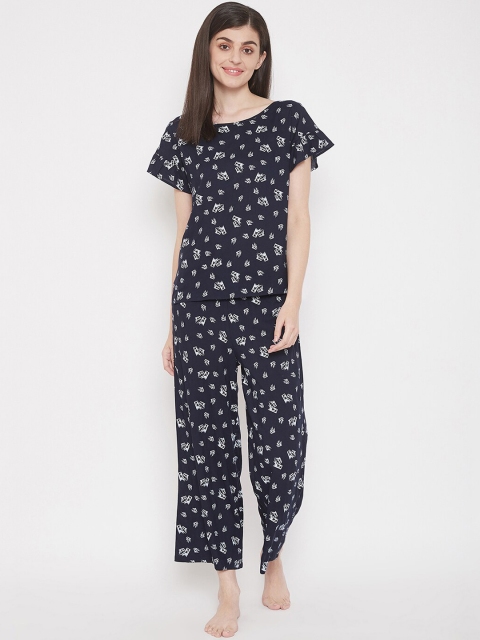 Clovia Women Navy Blue & White Printed Night suit