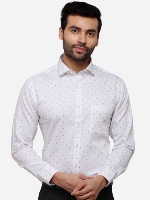 Greenfibre Men White & Navy Blue Slim Fit Printed Formal Shirt