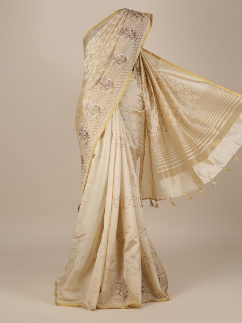 Pothys Cream-Coloured Printed Jute Silk Saree