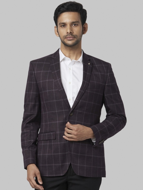 Park Avenue Men Brown Checked Super Slim-Fit Single-Breasted Formal Blazer