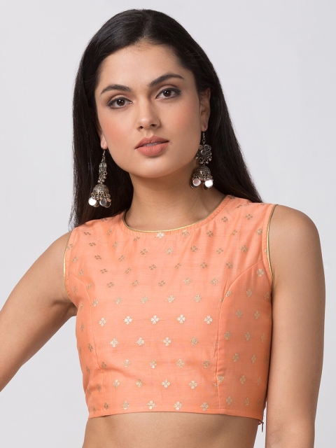 Ethnicity Women Peach-Coloured Jacquard Crop Top