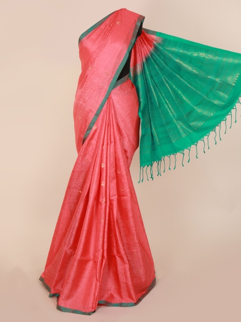 Pothys Peach-Coloured & Green Pure Silk Woven Design Kanjeevaram Saree