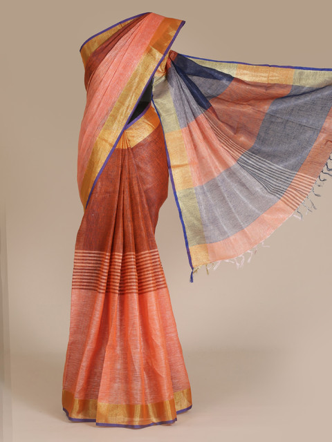 Pothys Peach-Coloured & Brown Pure Linen Colourblocked Saree 
Pothys Peach-Coloured & Brown Pure Linen Colourblocked Saree