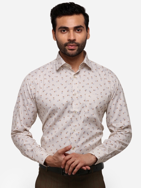 Greenfibre Men Cream-Coloured & Brown Regular Fit Printed Formal Shirt