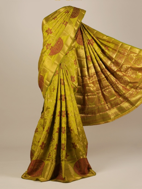 Pothys Olive Green Printed Jute Silk Saree