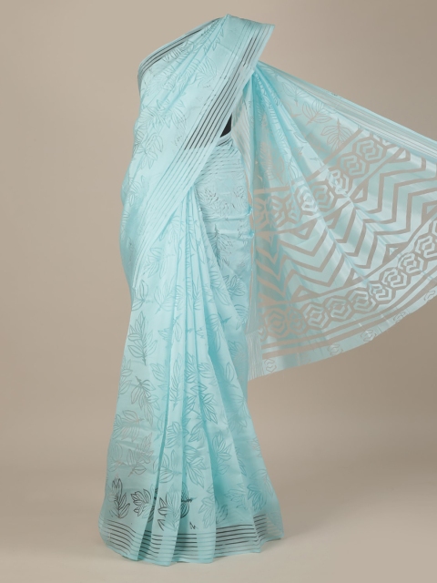 Pothys Blue Printed Jute Silk Saree