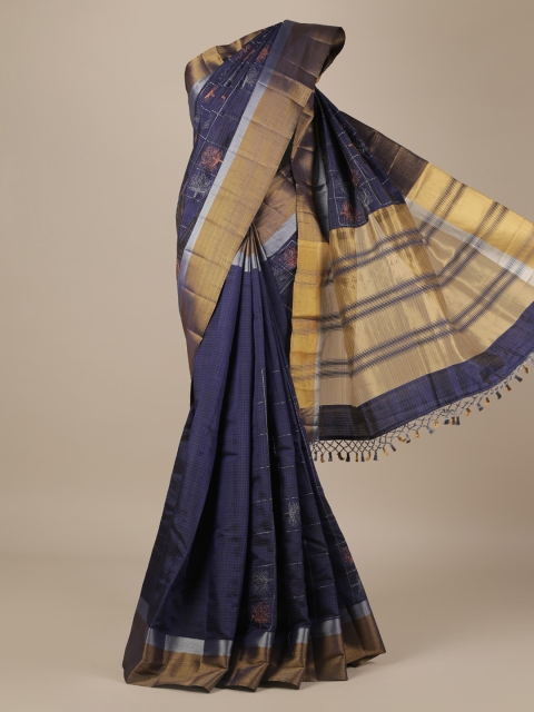 Pothys Navy Blue Checked Jute Silk Saree