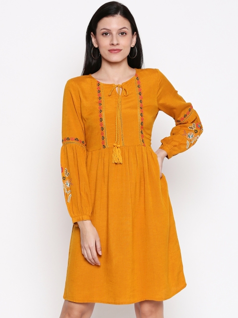 People Women Mustard Yellow Embroidered A-Line Dress