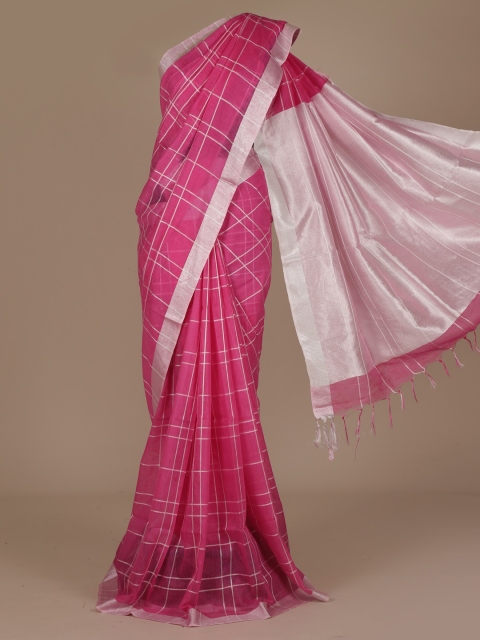 Pothys Pink Checked Pure Linen Saree
