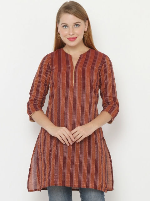SALWAR STUDIO Women Brown & Orange Striped Pure Cotton Kurtis