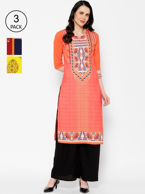 7Threads Women Pack of 3 Printed Straight Kurta, Multi