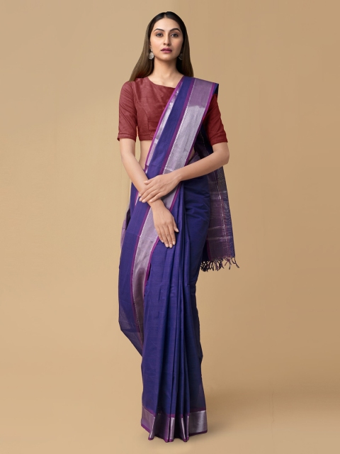 Unnati Silks Blue Pure Cotton Solid Handloom Chettinad Saree