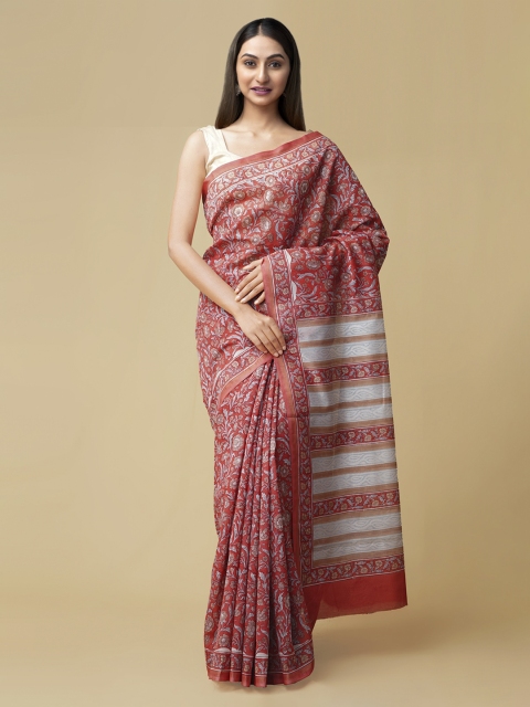 Unnati Silks Red Pure Cotton Printed Chanderi Saree