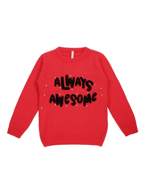 Pantaloons Junior Girls Red & Black Embroidered Pullover Sweater