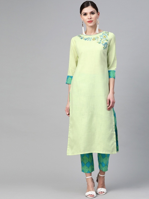 Indo Era Women Green Panelled Thread Work Pure Cotton Kurta with Trousers