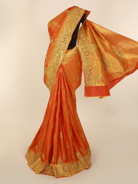 Pothys Orange & Gold-Toned Pure Silk Woven Design Banarasi Saree