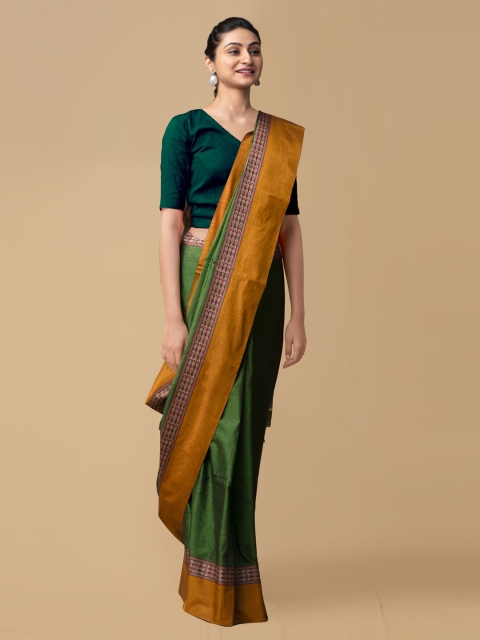 Unnati Silks Green Pure Cotton Striped Handloom Narayan Peth Saree