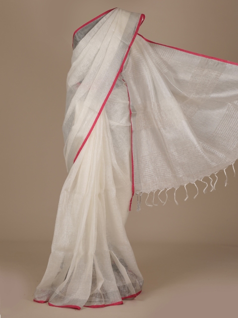 Pothys White Solid Pure Linen Saree