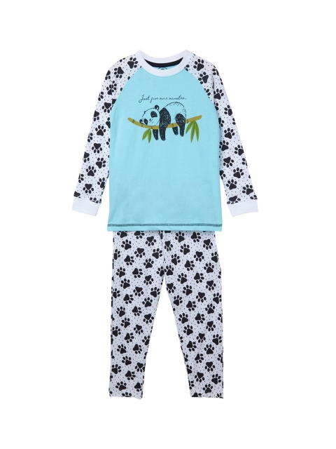 Cub McPaws Boys Turquoise Blue & White Animal Printed Night Suit