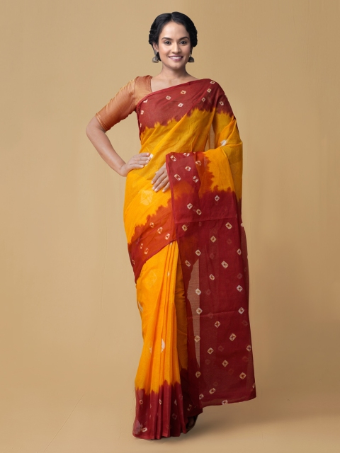 Unnati Silks Yellow & Orange Pure Cotton Woven Design Bandhani Saree