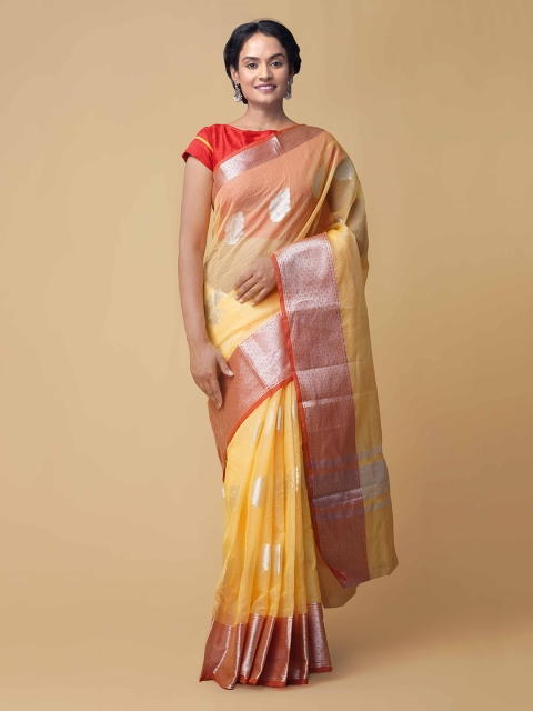 Unnati Silks Yellow Silk Cotton Printed Banarasi Saree